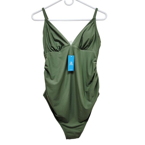 Olive Green One-Piece Swimsuit Adjustable Straps Ruched Design  Size M Womens - Picture 1 of 6